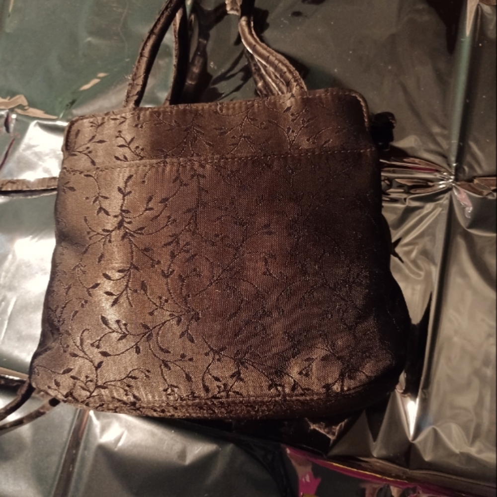 bronze satiny mini bag with leaf print